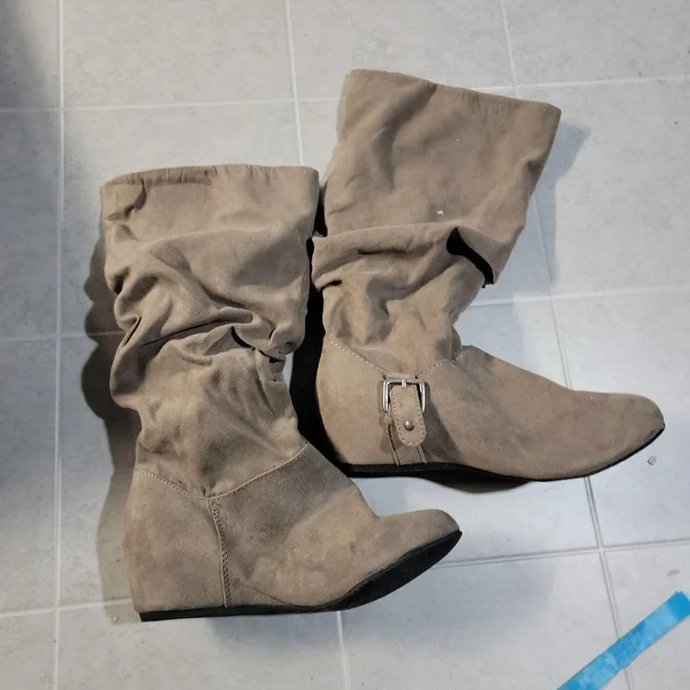 Bongo Womens Armitage 20311 Taupe Leather Mid Calf Pull On Slouch Boots Sz 8.5 M